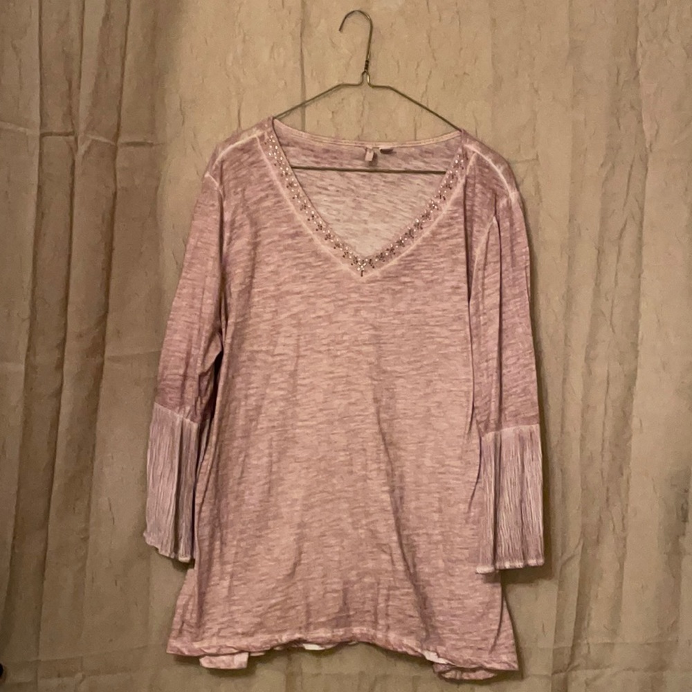 C. Est. 1946 size L peasant style tunic with bell sleeves, embellished vneckline